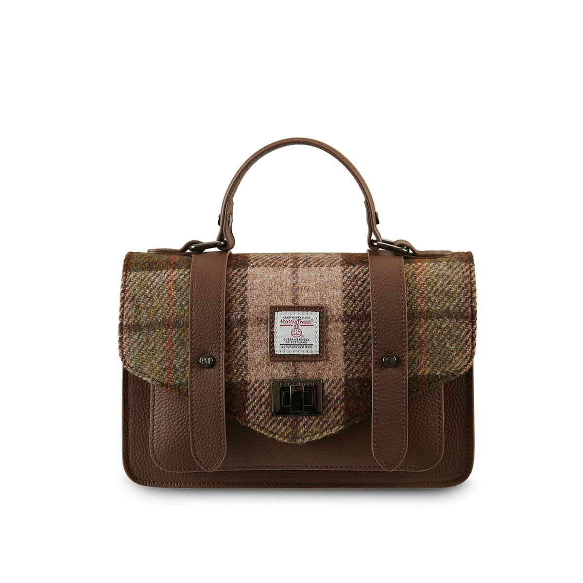 Braune Satchel mit Tartan-Muster, Echtledergriffen und klappbarer Fronttasche