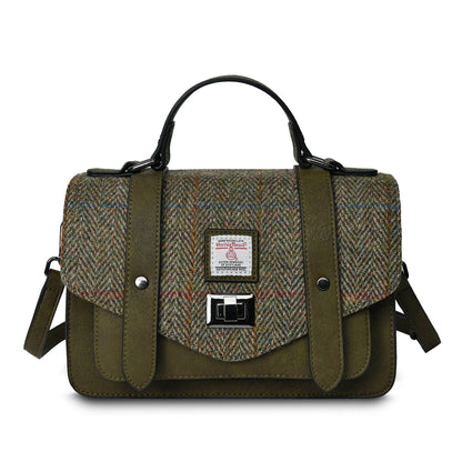 Mittlere Satchel-Tasche aus Harris Tweed im grünen Tartan mit Lederkanten und Umhängegurt