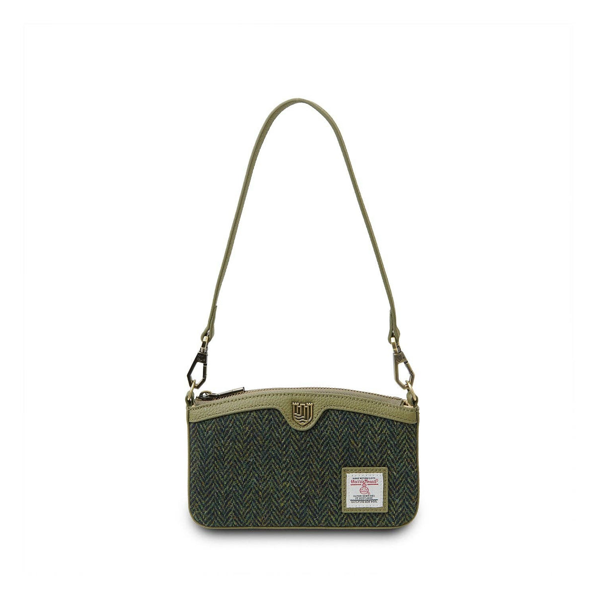 Umhängetasche aus Harris Tweed mit Fischgrätmuster in Dunkelgrün, Echtlederriemen, Reißverschluss