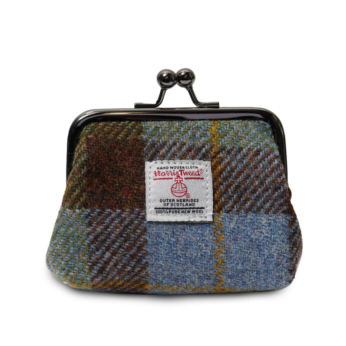 Münzbörse aus Harris Tweed® mit blauem und braunem Schottenmuster sowie Bügelverschluss