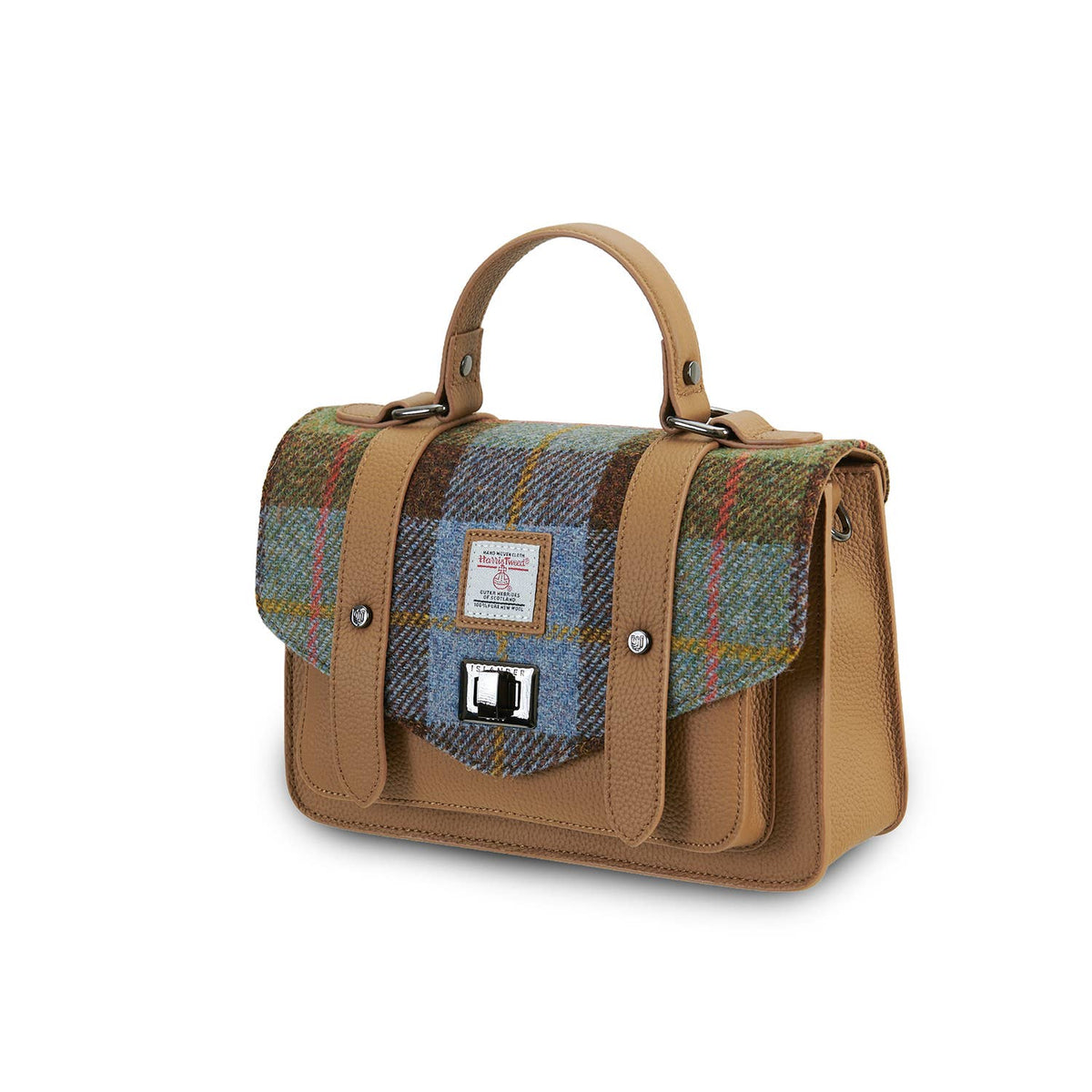 Mittlere Satchel-Tasche aus Harris Tweed im grünen Tartan mit beigen Lederapplikationen