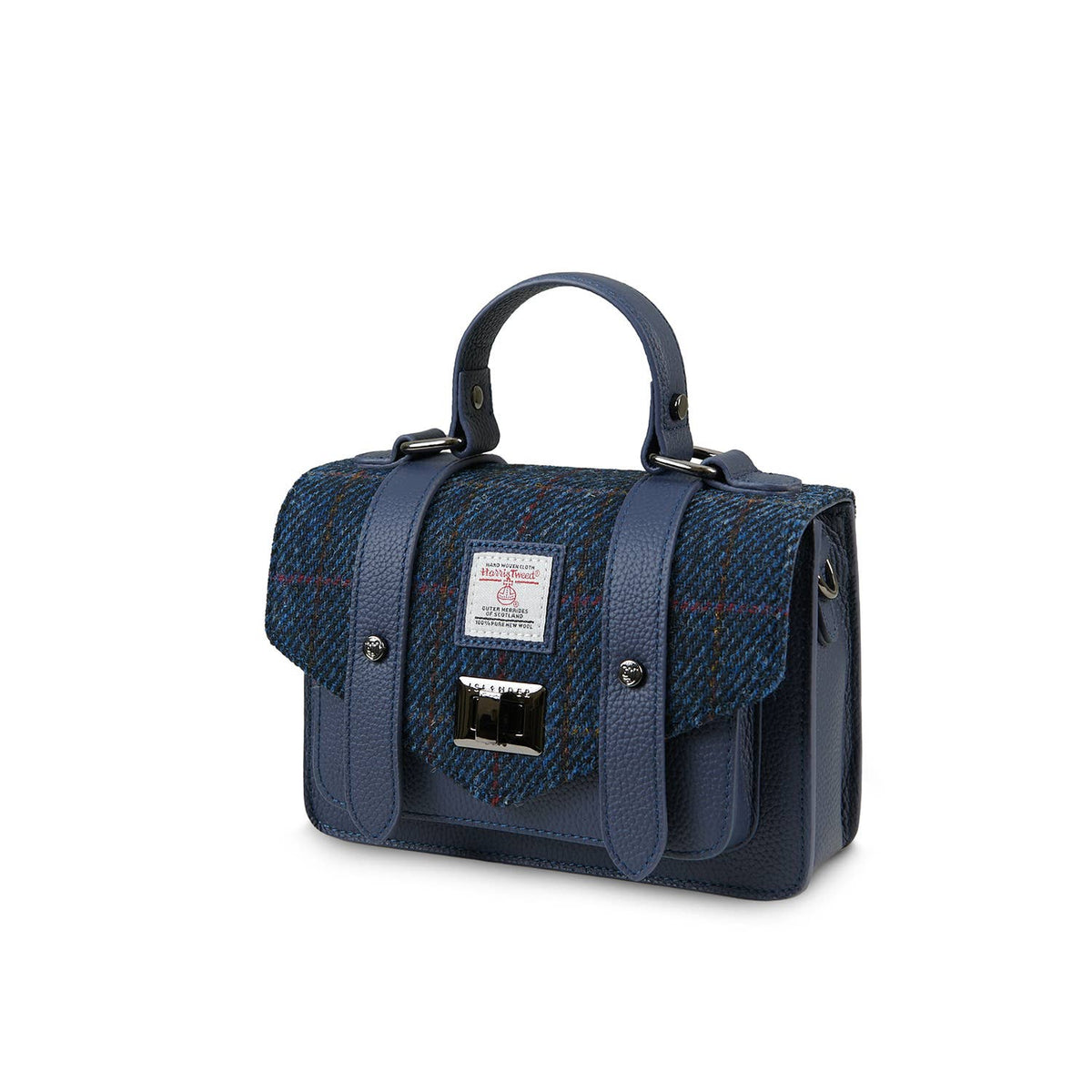 Dunkelblaue Satchel mit Harris-Tweed, Echtlederklappen und Metallverschluss vorn